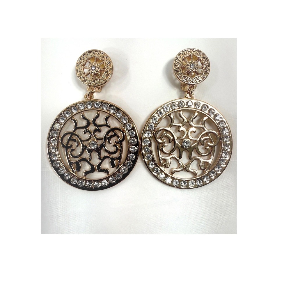 Gold Tone Clip On Earrings Round Dangle Sparkling Rhinestones Jewelry